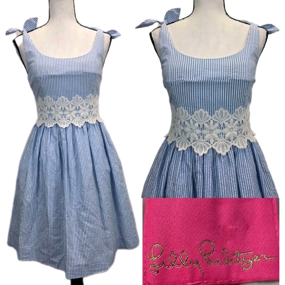 Lilly Pulitzer Fit Flare Dress Tessa Seersucker Sz 0 Preppy Coastal Cowgirl 3152